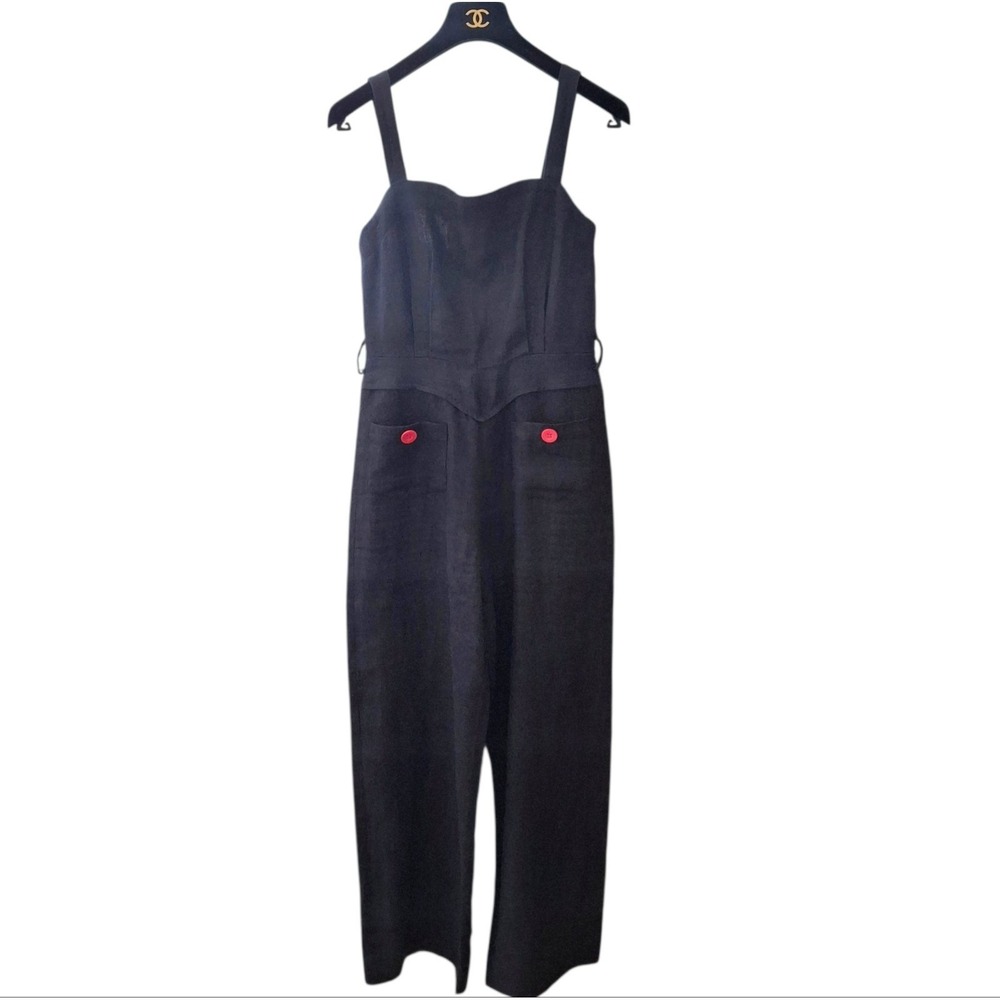 Vintage Retro DKNY Navy Linen Wide Leg Jumpsuit Petite 4 *No Belt* Red Buttons